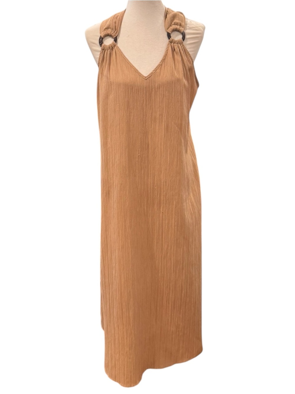 Sleeveless Ring-Shoulder Cotton Maxi Dress in Camel Sz L